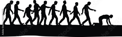 Silhouette illustration of human evolution concept showing man walking backward to crawling, social decline, devolution, and regression idea in creative vector design