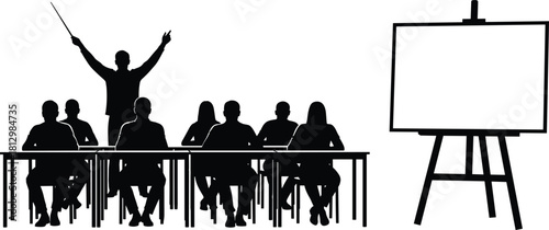 Silhouette illustration of instructor leading classroom training seminar with audience seated at desks, professional education workshop scene, teacher presentation concept with blank easel board