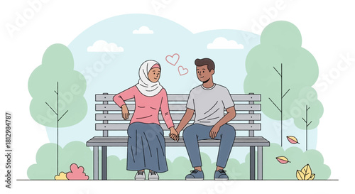 Sweet couple sitting on a park bench in gentle calm vibes. Tender outdoor moment with a loving couple holding hands. Wholesome couple illustration set in a peaceful park
