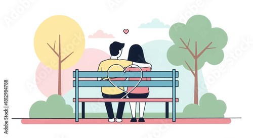 Couple sitting together on a park bench in pastel style. Sweet lovers resting on a bench under soft colors. Romantic park moment with couple side by side