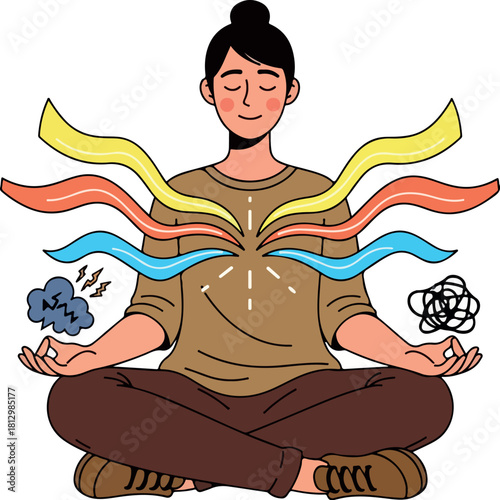 A serene 2D vector illustration of a person meditating in lotus position with vibrant colorful energy flowing out, representing a state of peaceful meditation.