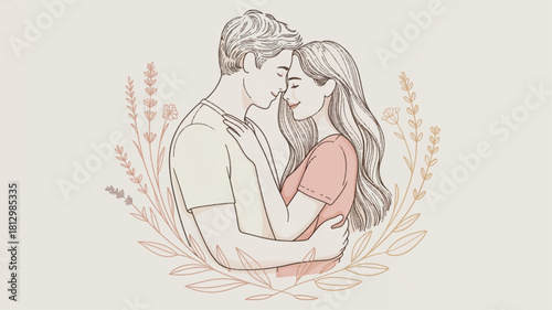 Romantic couple framed by warm botanical wreath. Soft line art lovers in gentle floral circle. Tender embrace illustration with natural accents