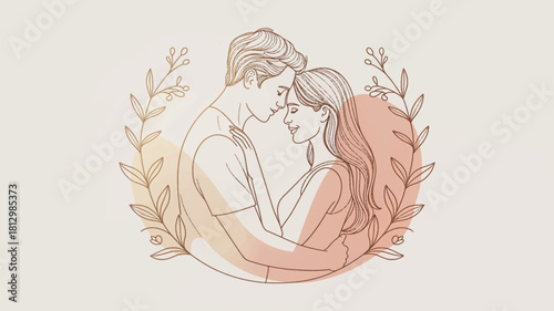 Warm romantic couple with soft leafy background. Gentle embrace in pastel botanical illustration. Tender lovers framed by subtle natural tones