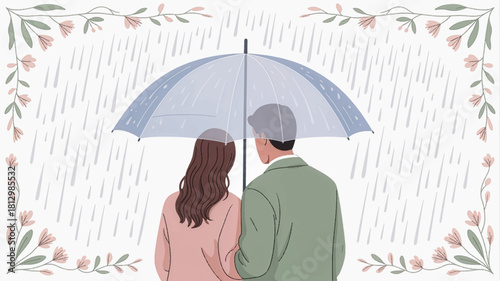 Couple under umbrella framed by soft floral rain. Romantic floral-framed scene of lovers in rain. Tender couple illustration with falling rain