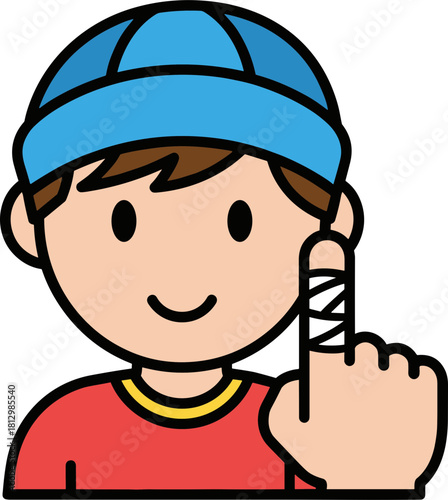 Smiling boy with a bandaged finger showing one hand, wearing a blue cap and red shirt, isolated on transparent background, focused on expressing positivity despite injury.