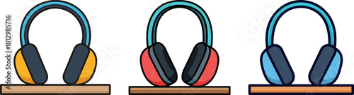 Stylish headphones in different colors resting on a flat surface, isolated on a transparent background, showcasing vibrant designs and modern aesthetics for music lovers.