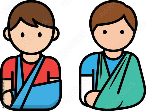 Two cartoon boys with arm injuries wearing sling bandages, one in red and blue, the other in teal, standing side by side, isolated on a transparent background, flat style, vector illustration