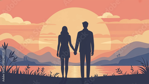 Romantic couple holding hands at a warm sunset lake. Sunset lovers standing together in soft pastel scenery. Peaceful couple silhouette facing a glowing sunset
