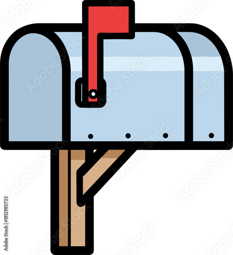 Colorful mailbox with a red flag on a wooden post, isolated on a transparent background, ideal for communication or postal service related graphics and illustrations