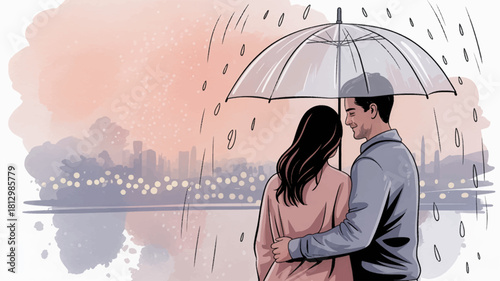 Romantic couple under umbrella in soft rainy citylight. Cozy lovers sharing an umbrella in sunset rain. Tender moment of a couple sheltered from rain