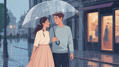 Romantic walk under umbrella on a rainy city street. Couple enjoying a rainy night stroll together. Cozy lovers sharing an umbrella in urban rain