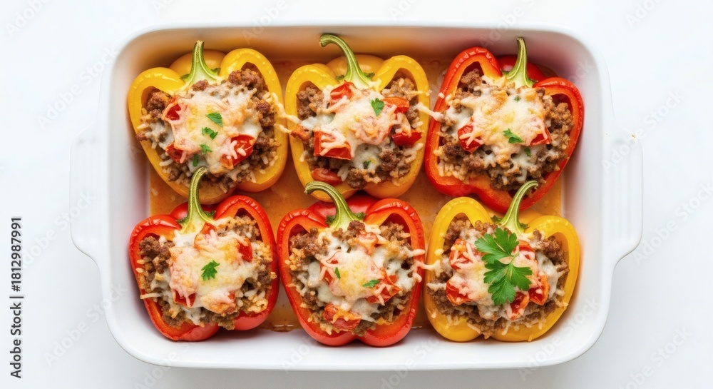 Fototapeta premium Overhead shot of stuffed bell peppers in white baking dish.