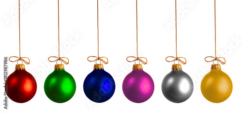 Six different colored Christmas balls ornament hanging from gold strings with a transparent background.