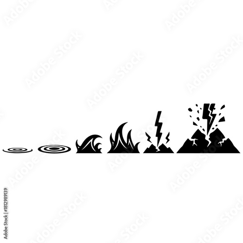 Evolution of natural disaster icons showing progression from small to large