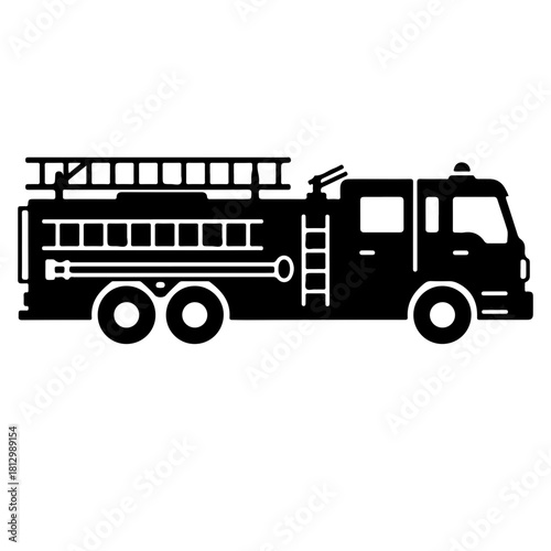 Black silhouette icon of a fire truck with ladder isolated on