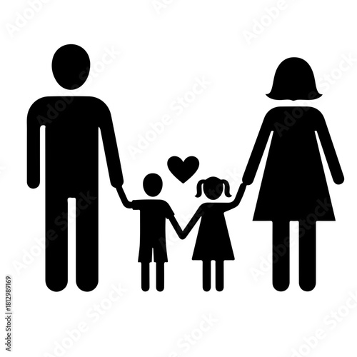 Silhouette of a happy family with two children holding hand