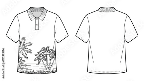 A detailed technical fashion illustration showcasing apparel design elements and construction lines on a background