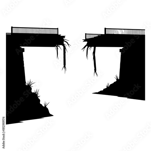 Silhouette of a broken bridge or overpass isolated on