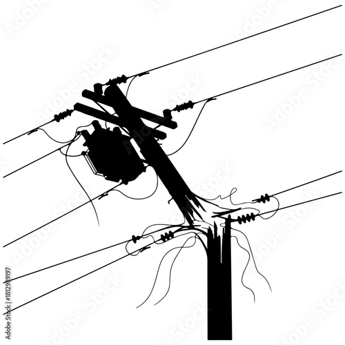 Silhouette of a broken utility pole with tangled power line and transformer
