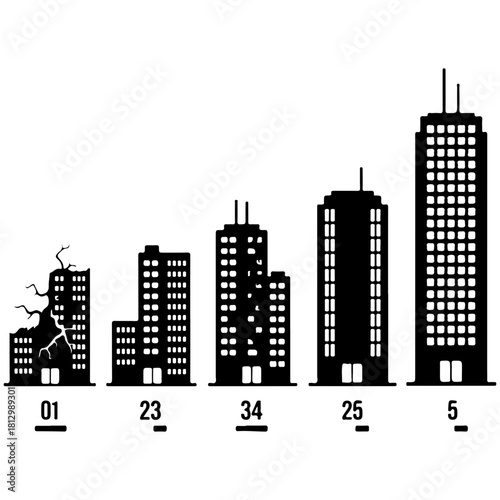 Building evolution from damage to modern skyscraper isolated on