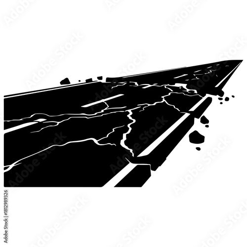Black silhouette of a cracked and broken road ending abruptly