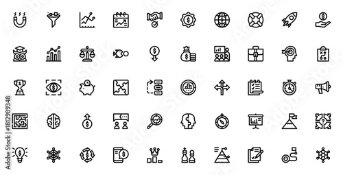 Strategy icon set. Business vector icons pack. Inclues symbols for planning, aalysis, goal, leadership, hess, puzzle, management, evenue and more. Editable troke.
