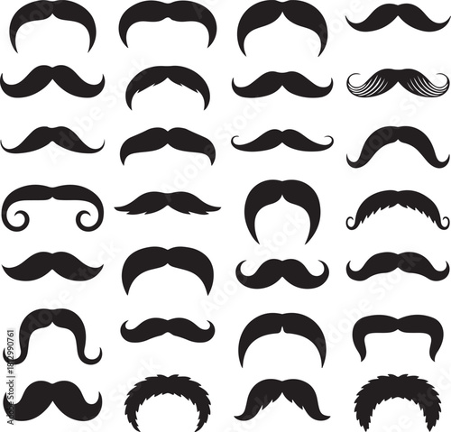 An array of twentyfour stylized black mustaches are neatly arranged on a white transparent background