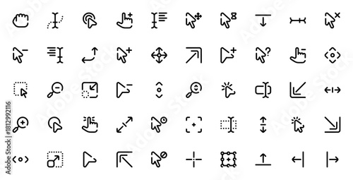 Selection and Cursors icon set. Vector cursor and ponter symbols collection. Icludes hand, click, scroll zoom, resize, drag, move,select, pointer, crosshairand more. Editable stroke.