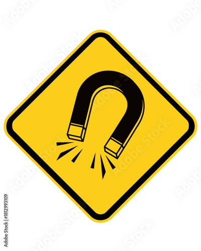Vector graphic of a yellow diamond-shaped warning sign with a horseshoe magnet symbol. This icon is used to indicate a strong magnetic field hazard