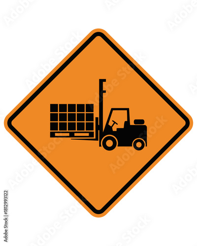 Warning sign depicting a forklift carrying a pallet of goods, representing potential hazards in industrial and warehouse environments for worker safety