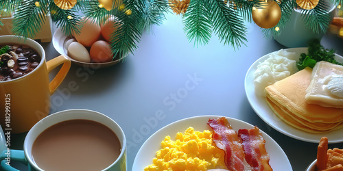 Scrambled egg bacon pancakes coffee breakfast cup plate scrambled egg and bacon breakfast with pancakes and coffee festive