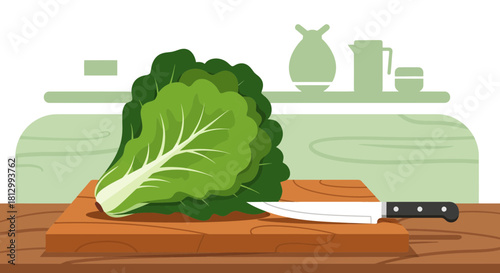 Fresh Lettuce and Knife on Wooden Cutting Board in a Simple Home Kitchen Setting
