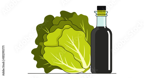 Fresh Lettuce and Premium Olive Oil Bottle Against a Mysterious Black Backdrop