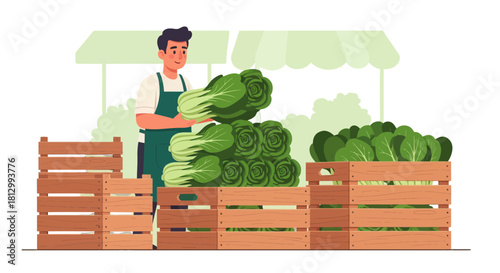 Fresh Produce Vendor Showcasing Vegetables At A Local Farmers Market For Sale Illustration