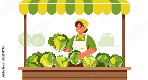 Fresh Produce Vendor Standing Behind A Vegetable Stall Selling Fresh Green Lettuce