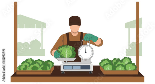 Fresh Produce Vendor Weighing Greens At A Local Farmers Market For Purchasing Purposes