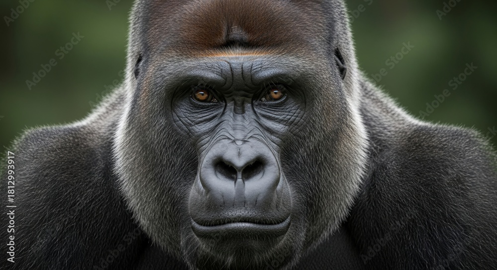 Obraz premium Gorilla portrait highlighting strong features, expressive eyes, and natural fur texture in a wild or forest environment.