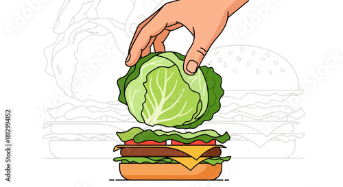 Freshly Assembled Burger Depicting a Hand Adding Lettuce on a Black Background