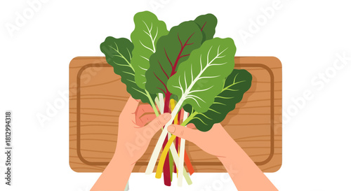 Freshly Harvested Chard Presentation On Wooden Board, Ready To Be Used In Cuisine