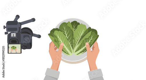 Fresh Lettuce Plate Being filmed by a Video Camera on Black Background