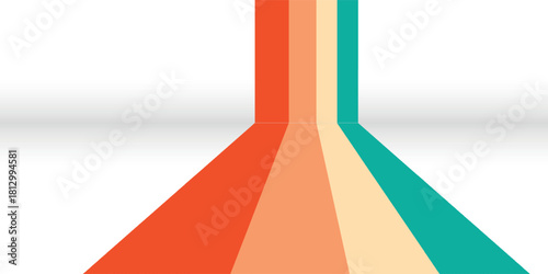 Abstract background with four colorful retro stripes creating a perspective effect on a white surface.