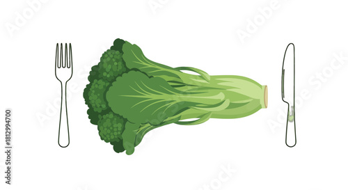 Freshly Prepared Food: Broccoli, Fork, And Knife Against A Black Background