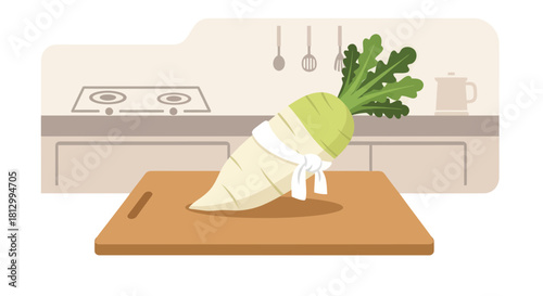 Freshly Prepared Daikon Radish Ready to Be Sliced on a Wooden Cutting Board