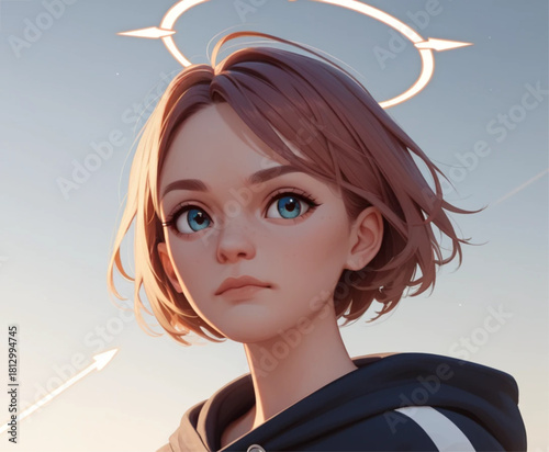 Close-up of a young girl with short brown hair, striking blue eyes, and a subtle halo, captured in soft, natural light against a blurred sky background, conveying innocence and a gentle spirit