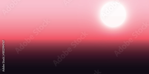 A serene abstract landscape featuring a glowing white sun against a pink and red gradient sky at dusk or dawn.