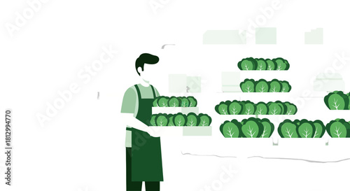 Fresh Produce Display: A Grocer Arranging and Stocking Green Leafy Vegetables