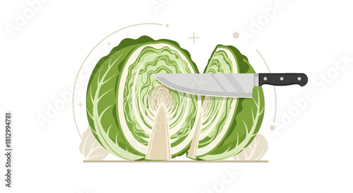 Freshly Sliced Cabbage with a Cleaver, Preparation of Delicious, Healthy Cuisine