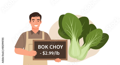 Fresh Produce Display: Smiling Grocer Presents Bok Choy Offering on Black Background