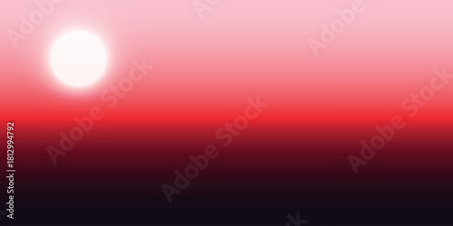 A glowing white sun shines brightly against a dramatic red, pink, and black gradient sky background.