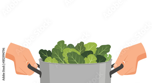 Freshly Steamed Green Vegetables In A Pot Held With Two Hands Against a Black Backdrop